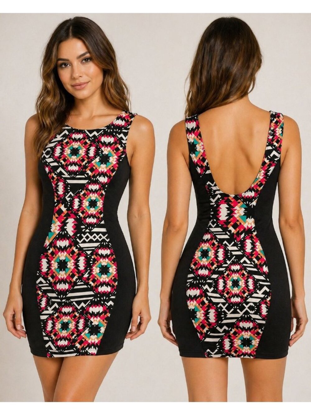 Body Central - Women's Black Geometric Aztec Print Bodycon Mini Dress - Sz M